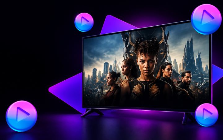 Smart TV exibindo uma interface de streaming, com ícones de play ao redor