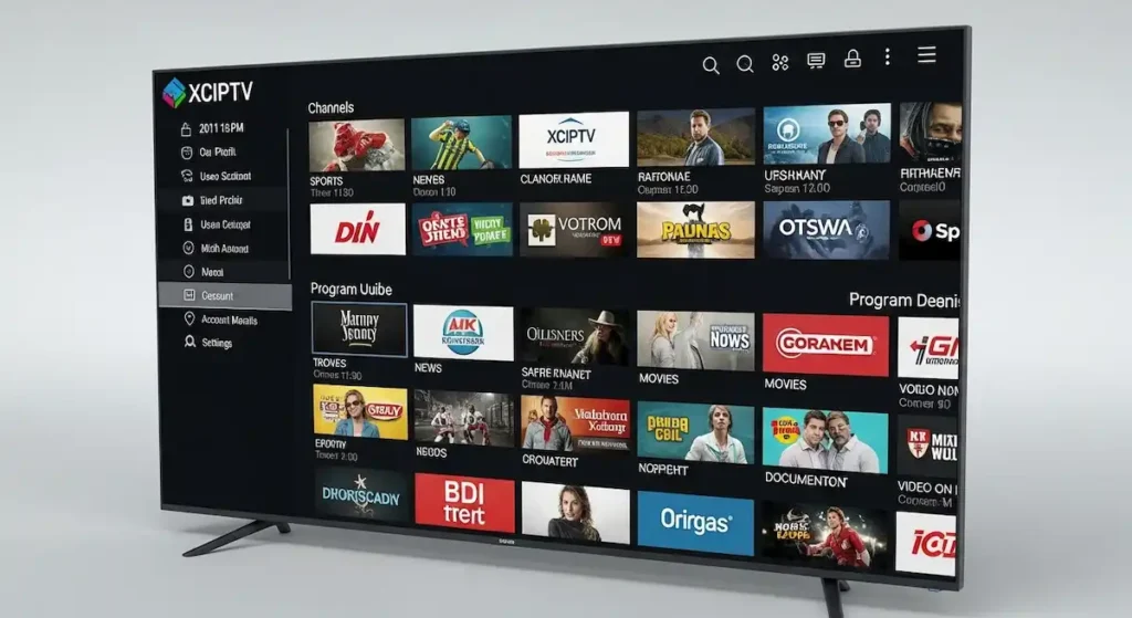 Gráfico de desempenho e canais disponíveis durante o teste IPTV XCIPTV.